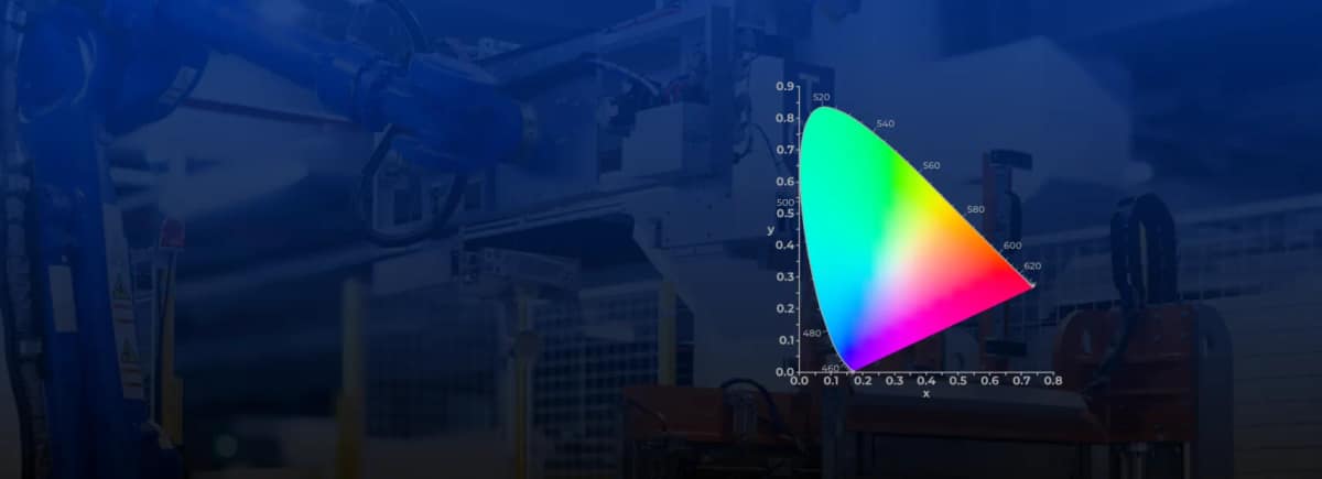 Robotic arm on a production line beside a CIE 1931 chromaticity diagram